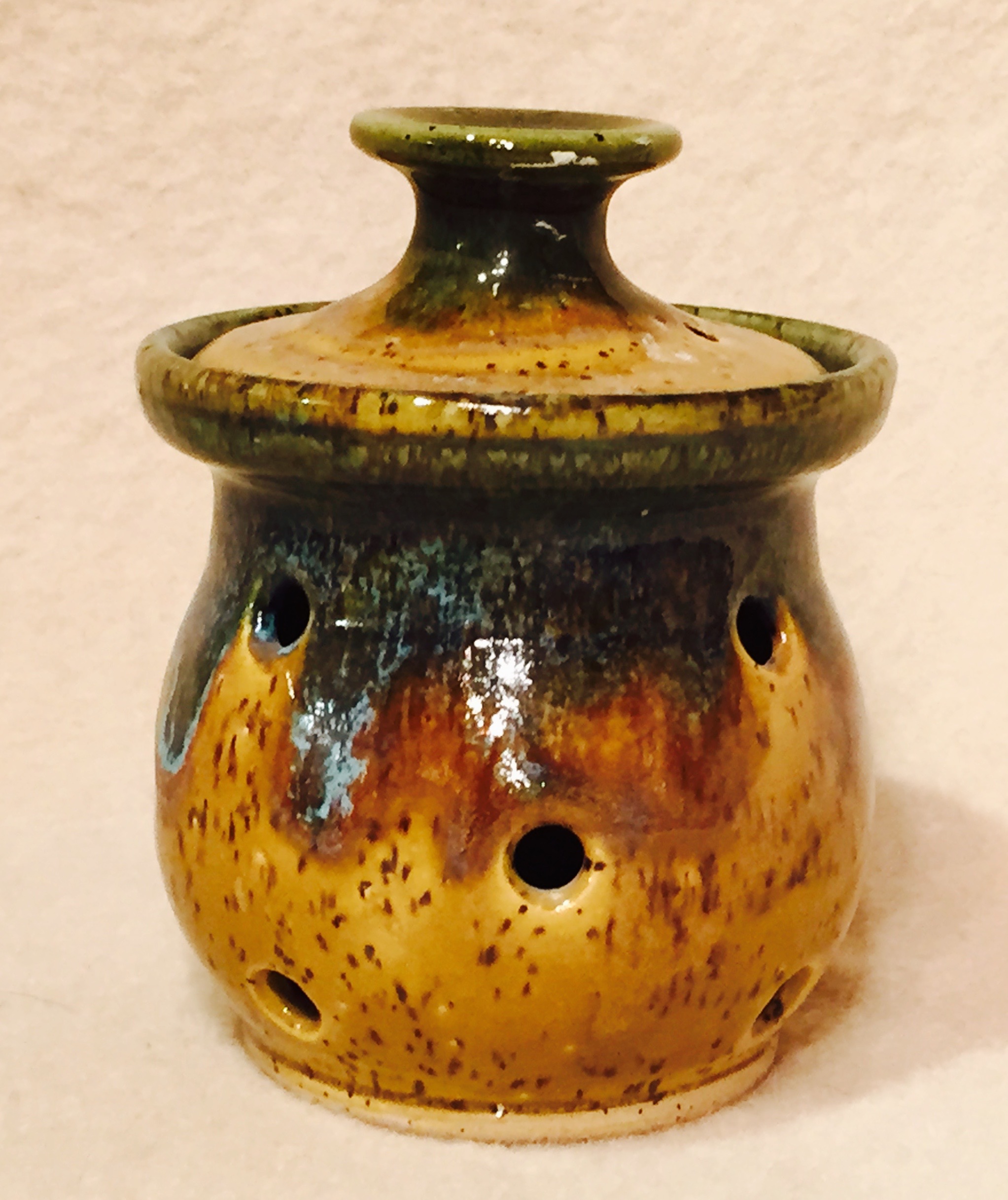 Garlic Jar,Teal & Brown 
