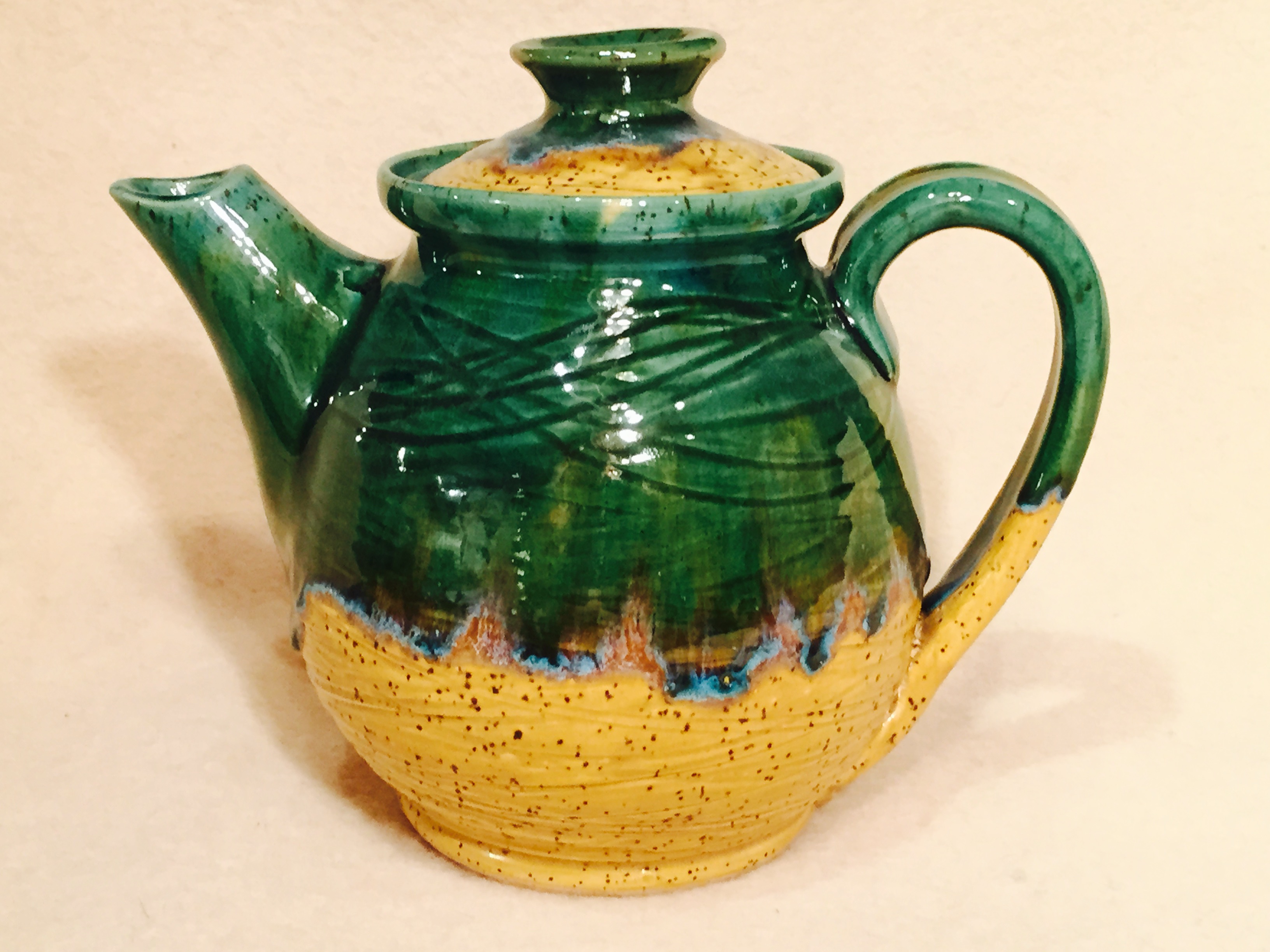 Tea Pot Medium, Green & Brown Wavey Lines